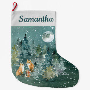 Grande Chaussette De Noël Renard Familial dans Forêt Pleine Lune Chute de Ne