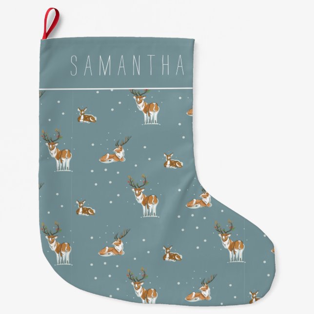 Grande Chaussette De Noël Renne Moderne de milieu de siècle Monogramme (Devant)