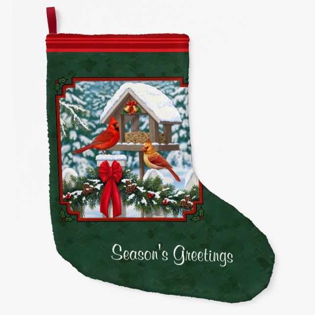 Grande Chaussette De Noël Repas de Noël des cardinaux Vert (Devant)