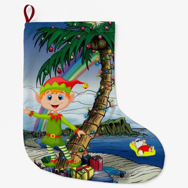 Grande Chaussette De Noël Réservation de Noël, Elfe de la plage de Noël (Devant)