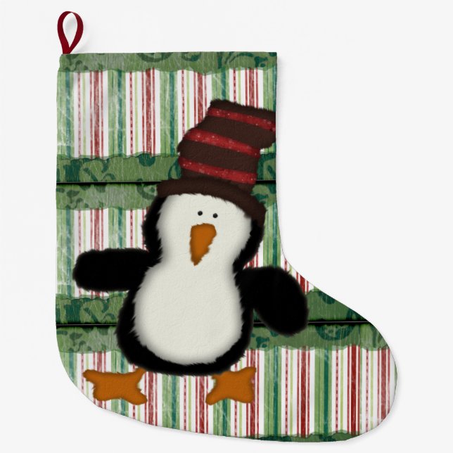 Grande Chaussette De Noël Réservoir de Noël, Pingouin Plaid Green Stripes (Devant)