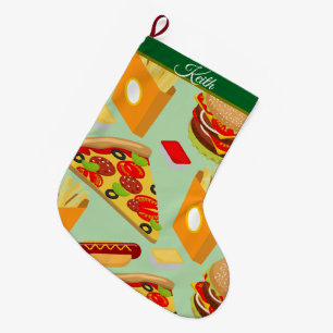 Grande Chaussette De Noël Restauration rapide Thème de Noël Pizza Burger Col
