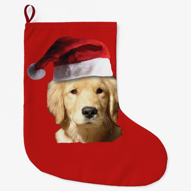 Grande Chaussette De Noël Retriever d'or de Noël au Casquette du Père Noël (Devant)