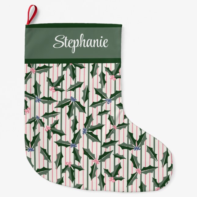 Grande Chaussette De Noël Retro Green Holly avec nom (Devant)