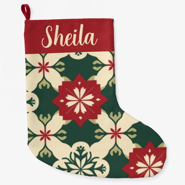 Grande Chaussette De Noël Retro Personnalisé Rouge et Vert Plaid (Devant)