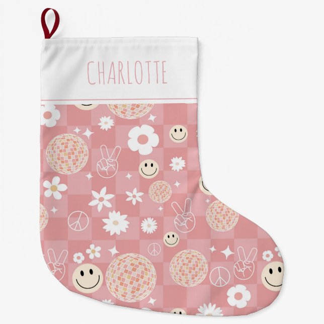 Grande Chaussette De Noël Retro rose Super À damiers Hippie fille enfant (Devant)