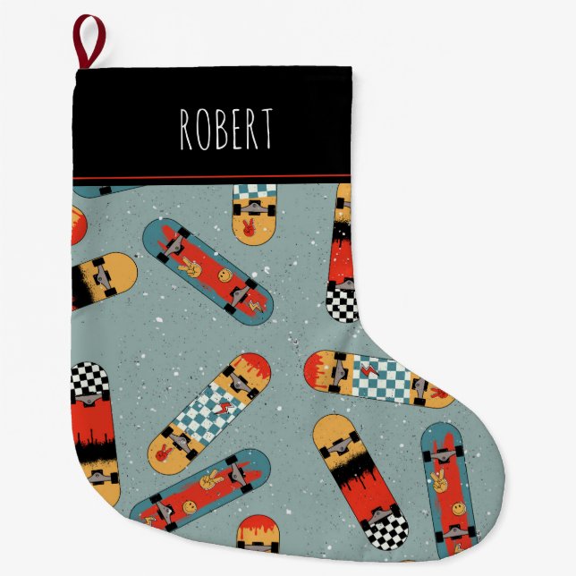 Grande Chaussette De Noël Retro Skateboard Blue Cool Kids (Devant)