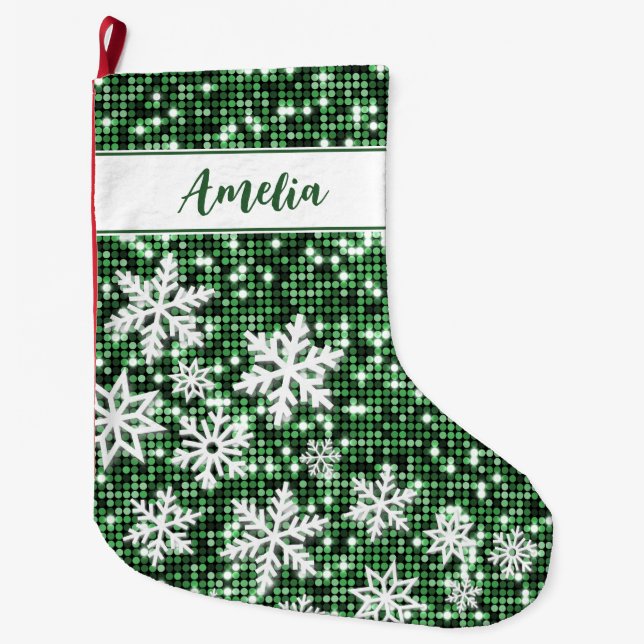 Grande Chaussette De Noël Rétro Snowflakes Green Christmas Personnalisé (Devant)