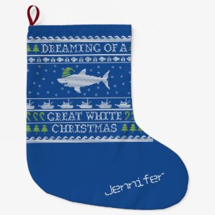 Grande Chaussette De Noël Rêve personnalisé de grand requin blanc bleu