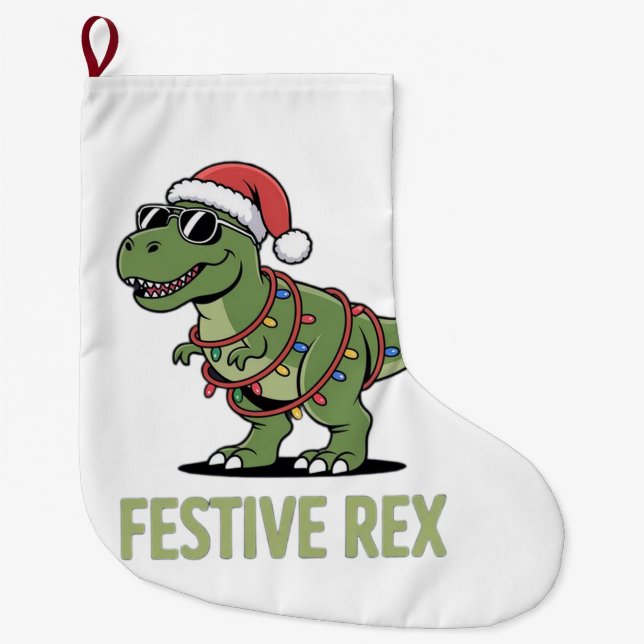 Grande Chaussette De Noël Rex Dinosaure Fête Joyeuse de Vacances  (Devant)