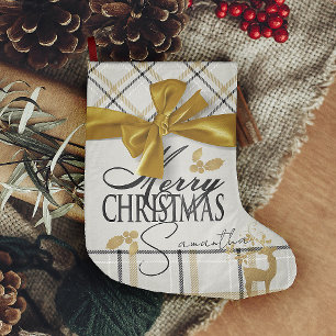 Grande Chaussette De Noël Rindeer ivoire et or Plaid et nom Joyeux Noël