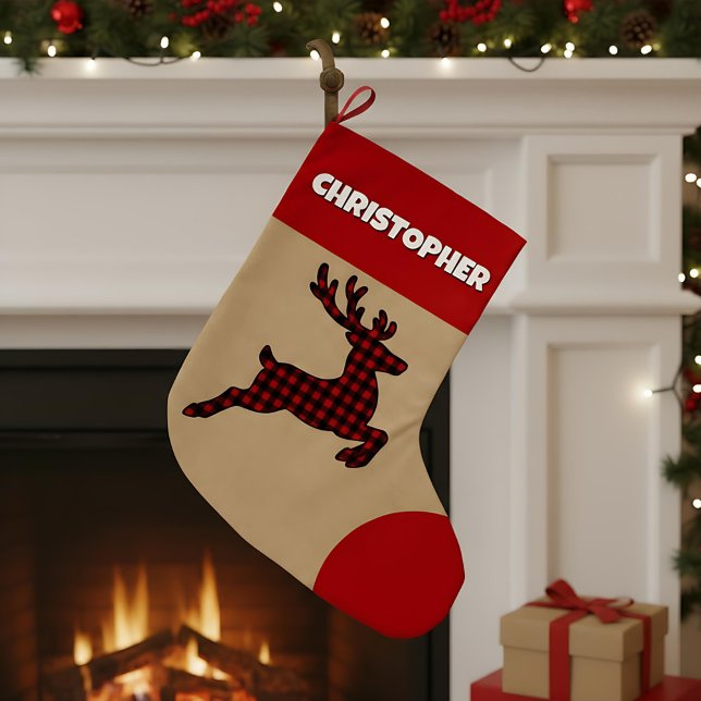 Grande Chaussette De Noël Rindeer rouge et noir rustique Nom personnalisé (Créateur téléchargé)