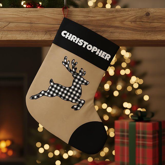 Grande Chaussette De Noël Rindeer Russe Noir & Blanc Plaid Nom personnalisé (Créateur téléchargé)