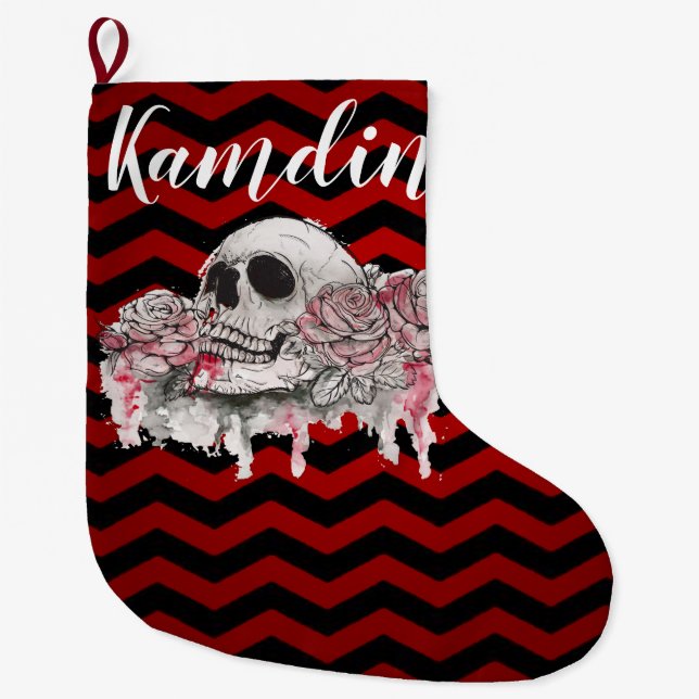 Grande Chaussette De Noël Rose de crâne de rangement personnalisé goth Chevr (Devant)