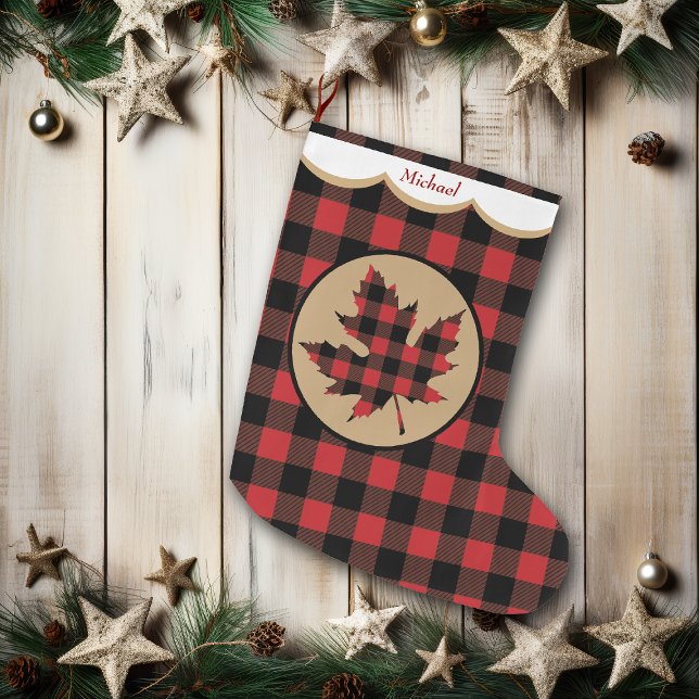 Grande Chaussette De Noël Rouge Buffalo Plaid Maple Leaf Personnalisé (Créateur téléchargé)