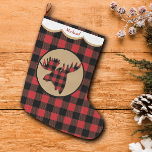 Grande Chaussette De Noël Rouge Buffalo Plaid Tête d'orignal Personnalisé