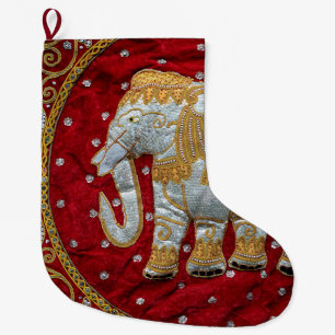 Grande Chaussette De Noël Rouge embelli et or d'éléphant d'Asie