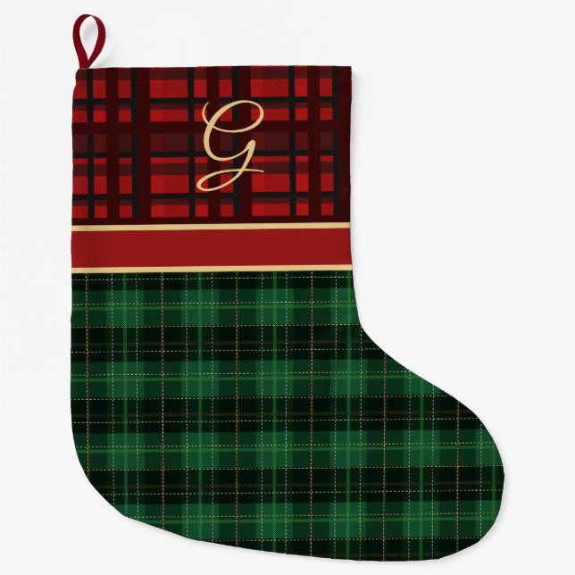 Grande Chaussette De Noël Rouge et vert douillette avec Gold Initial (Devant)