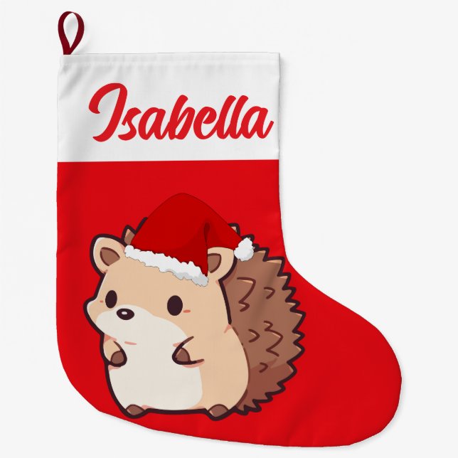 Grande Chaussette De Noël Rouge Joyeux Noël porc-épic animal Noël chapeau No (Devant)