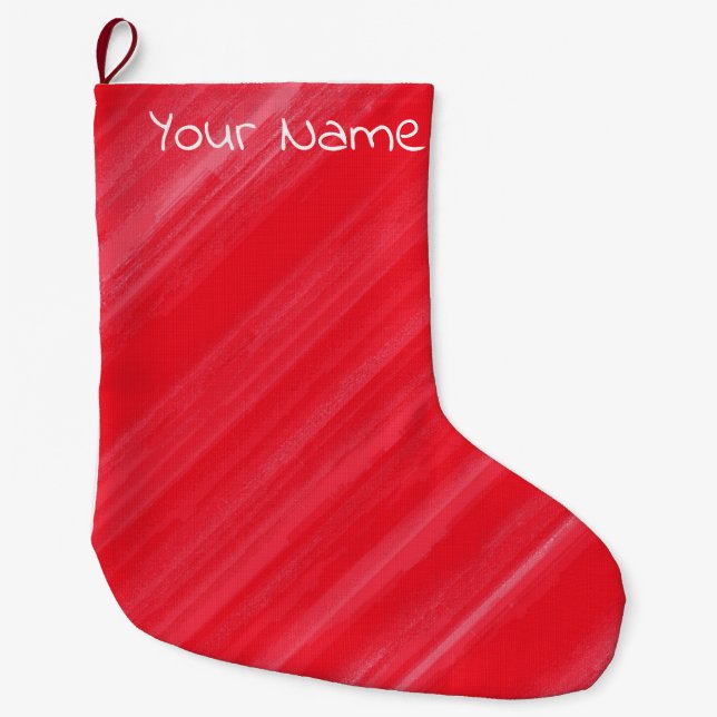 Grande Chaussette De Noël Rouge, rayures blanches et ton nom (Devant)