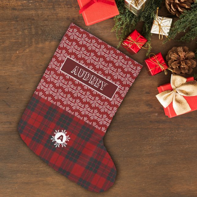Grande Chaussette De Noël Rouge Tartan Plaid Neige Flake Cute Monogramme (Créateur téléchargé)