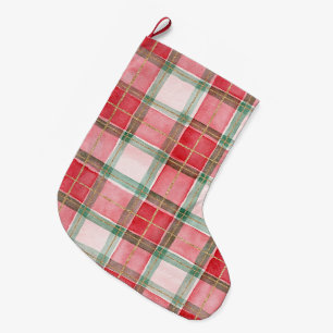 Grande Chaussette De Noël Rouge Vert Or Carreaux Rayures Noël