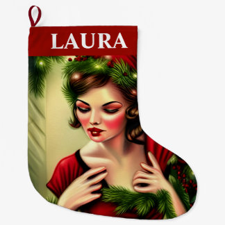 Grande Chaussette De Noël Rouge Vintage Lady Rétro 