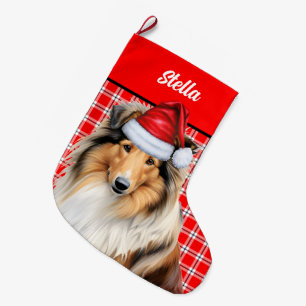 Grande Chaussette De Noël Rough Collie Dog Holiday Red Plaid Personnalisé