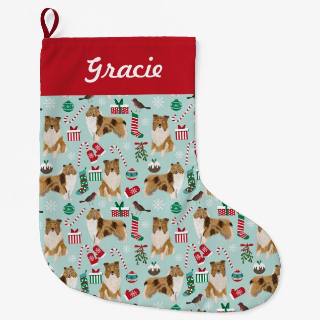 Grande Chaussette De Noël Rough Collie Stockage de Noël (Devant)