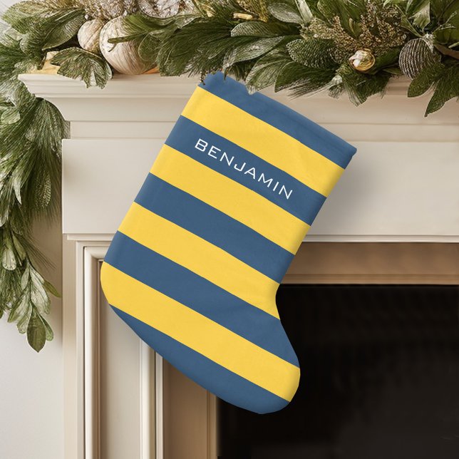 Grande Chaussette De Noël Rugby bleu marine et jaune Nom personnalisé (Personalized Christmas Stocking)