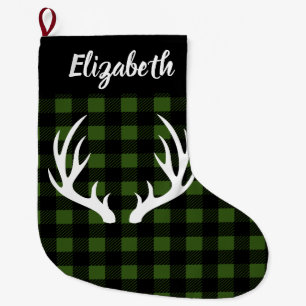 Grande Chaussette De Noël Russe Buffalo Check Plaid & White Deer Antlers