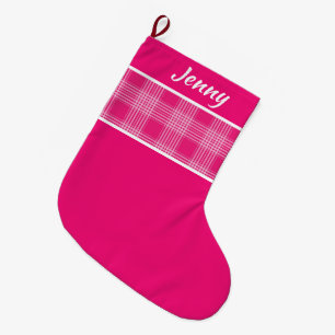 Grande Chaussette De Noël Rustic Plaid motif Pink nom personnalisé