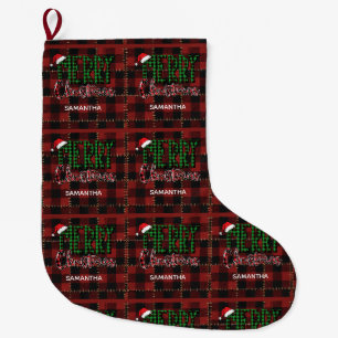 Grande Chaussette De Noël Rustique Buffalo Plaid Rouge Personnalisable Nom