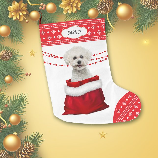 Grande Chaussette De Noël Sac cadeau Bichon Frise Chien Snowflake Bordure (Créateur téléchargé)