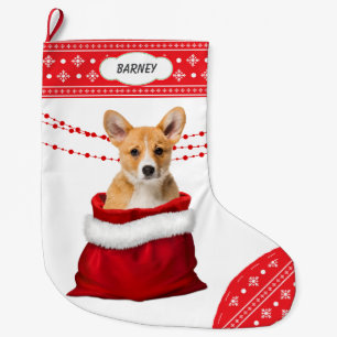 Grande Chaussette De Noël Sac cadeau Corgi Puppy Chien Snowflake Bordure