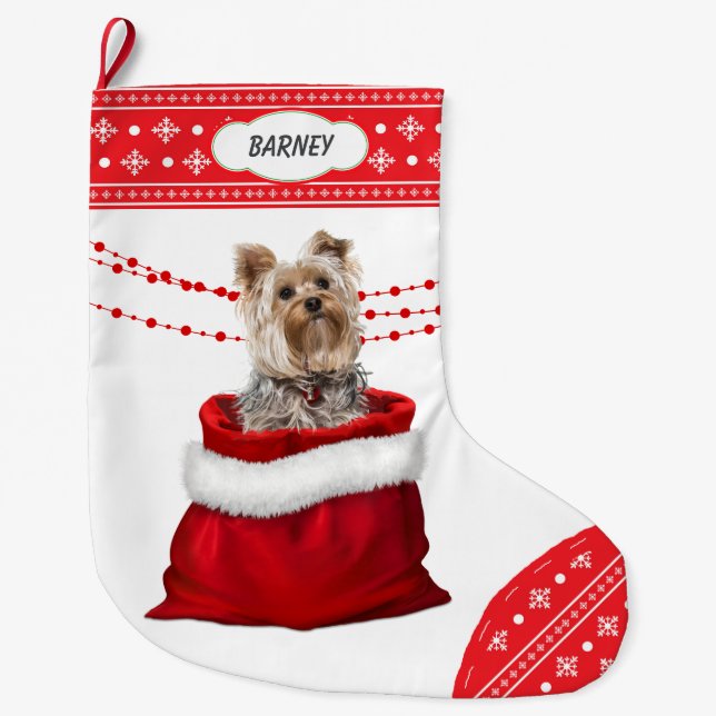 Grande Chaussette De Noël Sac cadeau Yorkshire Terrier Dog Snowflake Bordure (Devant)