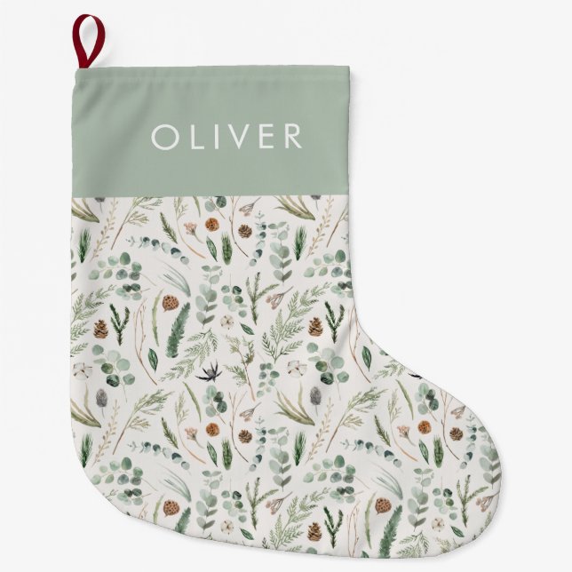 Grande Chaussette De Noël Sage vert botanique élégant moderne cadeau familia (Devant)