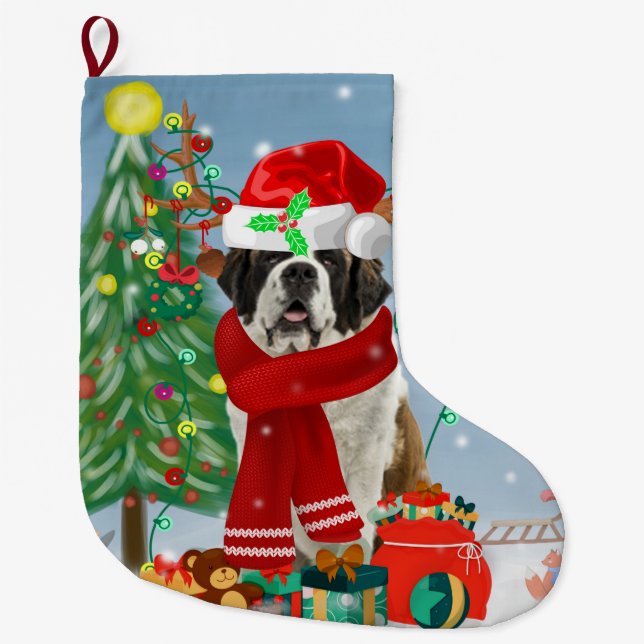 Grande Chaussette De Noël Saint Bernard Chien à Noël de neige (Devant)