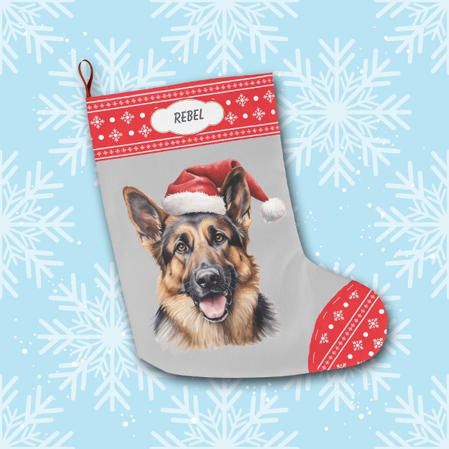 Grande Chaussette De Noël Santa Hat Allemand Berger Chien Snowflake Frontièr (Créateur téléchargé)