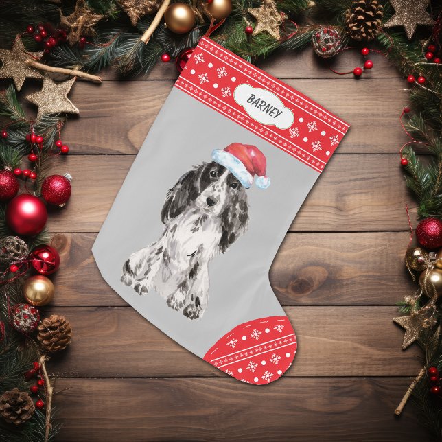 Grande Chaussette De Noël Santa Hat Cocker Spaniel Snowflake Frontière (Créateur téléchargé)