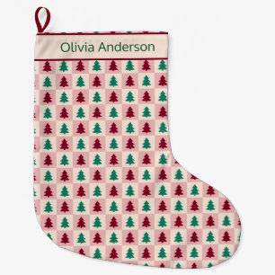 Grande Chaussette De Noël Sapin de Noël personnalisé motif bordeaux et vert