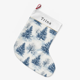 Grande Chaussette De Noël Sapins de Noël Bleus Blancs
