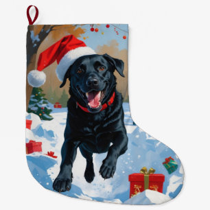 Grande Chaussette De Noël Scène de neige festive de Noël avec Labrador noir