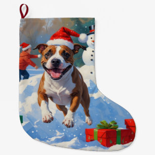 Grande Chaussette De Noël Scène de neige festive de Noël avec un Bull Terrie