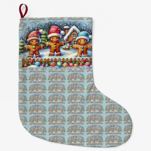 Grande Chaussette De Noël Scène de Noël enneigée avec une famille en pain d'