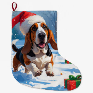 Grande Chaussette De Noël Scène de Noël festive avec Basset Hound dans la ne