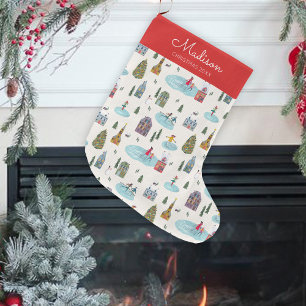 Grande Chaussette De Noël Scène de patinage de village de maison d'hiver mig
