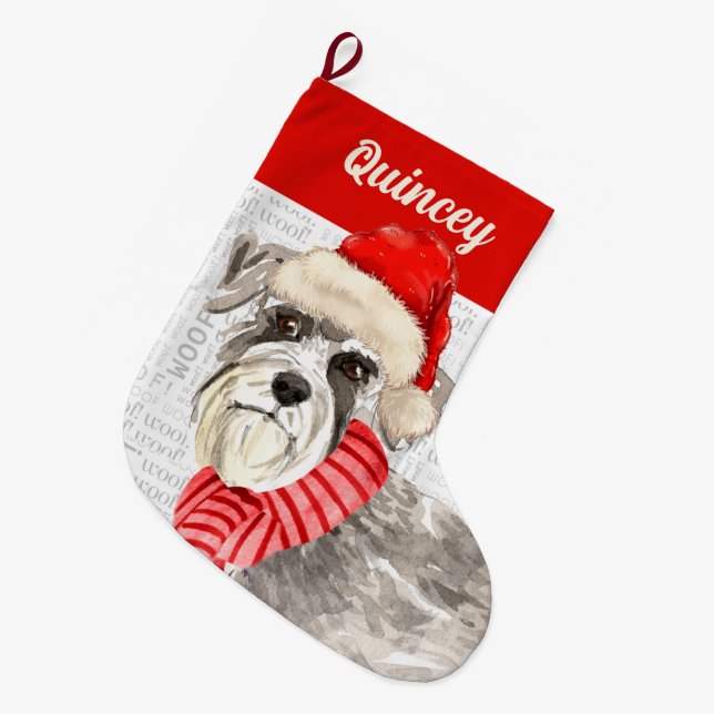 Grande Chaussette De Noël Schnauzer Chien avec le nom Woof Arrière - plan (Devant (Accrochage))