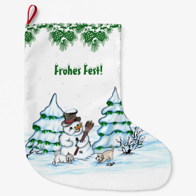 Grande Chaussette De Noël Schneemann mit Katze und Hundewelpe auf Deutsch (Devant)