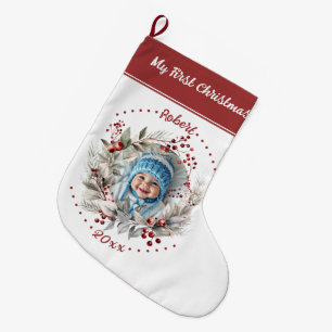 Grande Chaussette De Noël Serre avec verdure Photo de Noël du bébé